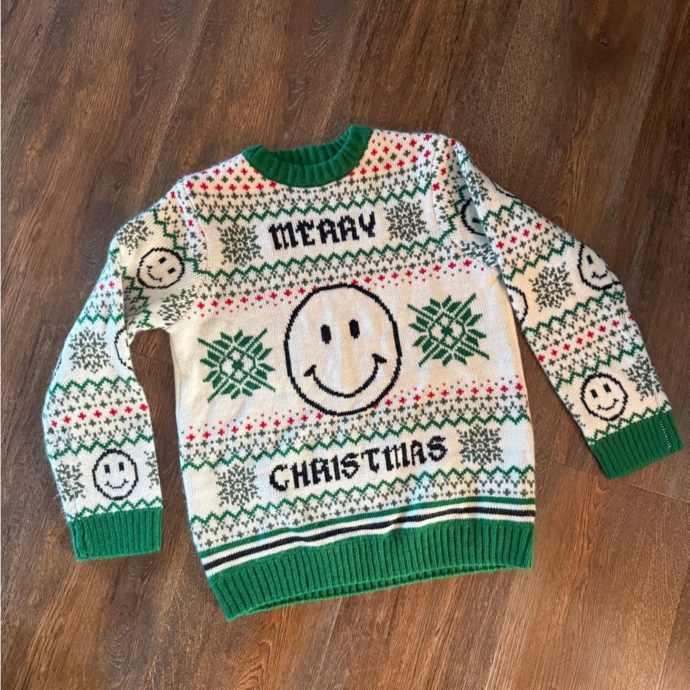 Green and White Merry Christmas Smiley Sweater